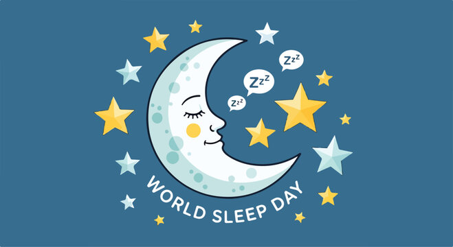 A sleeping moon surrounded by stars on World Sleep Day