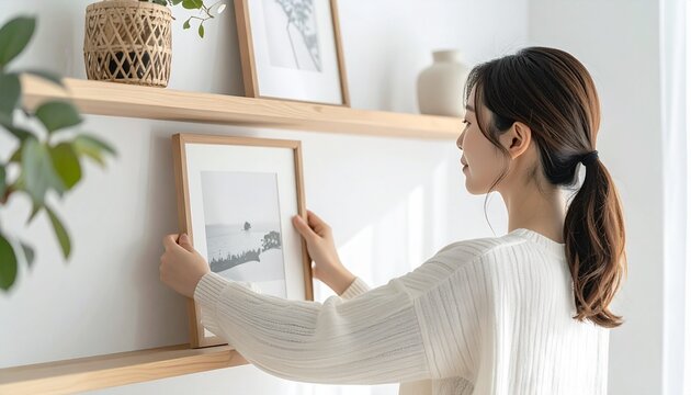ミニマルな棚にフォトフレームを飾る日本人女性