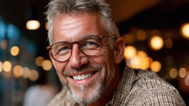 Mature Man Smiling: A distinguished middle-aged man with graying hair, a beard, and glasses smiles warmly, his eyes conveying a sense of contentment and experience. The soft.