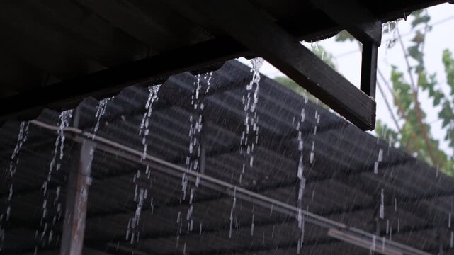 Water drips from a rustic roof over solar panels