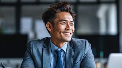 Fototapeta premium Smiling Asian businessman in a suit looking to the side with a confident expression