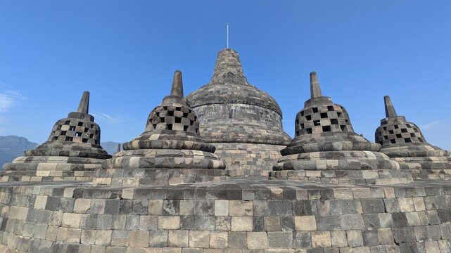 Panoramic View of Borobudur Temple Under Blue Sky