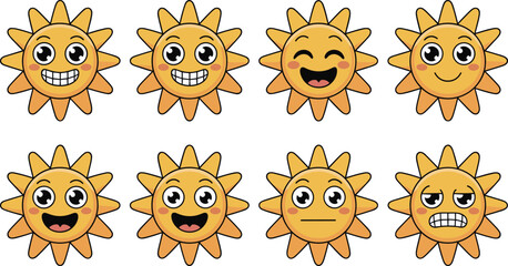 Fototapeta premium Smiling Sun Emoji Faces Icon Set with Happy, Laughing, Cheerful, Neutral, and Grinning Solar Expressions for Kids, Summer, Weather, and Fun Designs