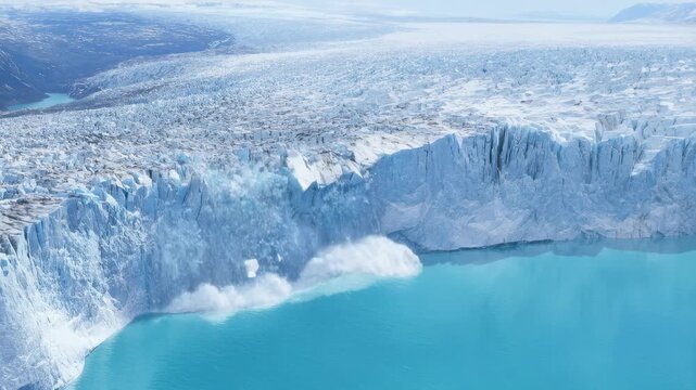 Aerial view of a glacier calving into a turquoise ocean, showcasing the dramatic effects of climate change on polar environments. This highlights the urgency of environmental conservation efforts