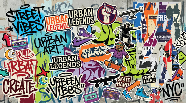 Urban legends graffiti street art collage with skateboards and typography