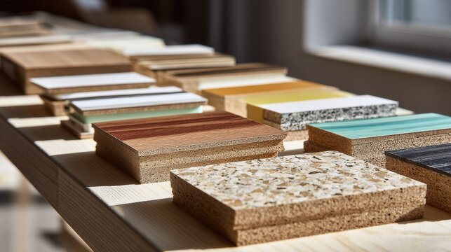 Assorted laminates, veneers, and edge banding on MDF and chipboard panels