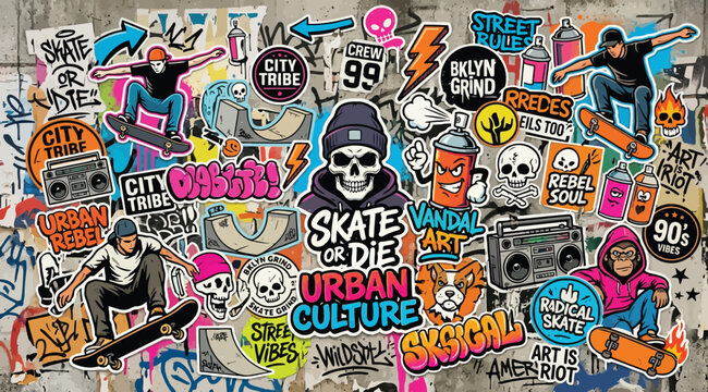 Urban culture graffiti sticker bomb pattern with skateboards and street art elements