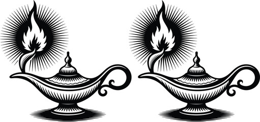 Two oil lamps with flames on decorative stands © MelonChandro
