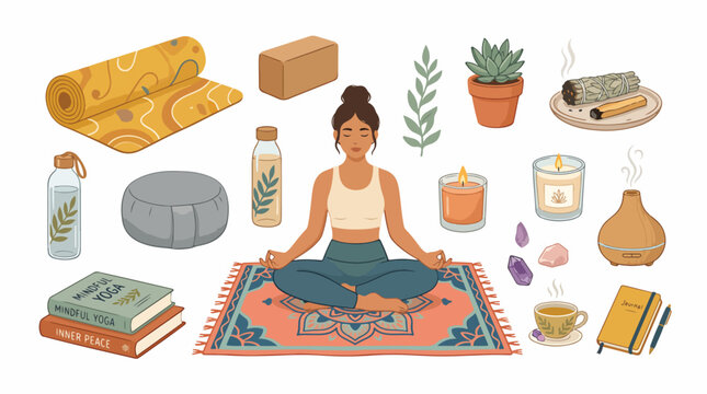 Woman meditating on yoga mat surrounded by wellness items.