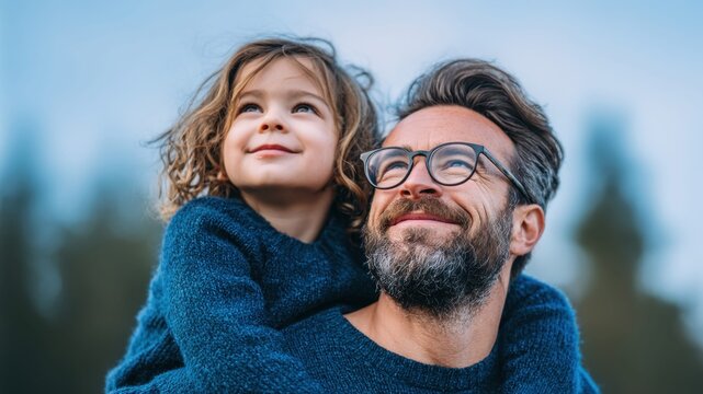Father and child looking up together with smiles, enjoying a moment outdoors