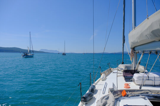 Sailing boats transiting and queuing through the Lefkas canal near to Lefkada island, Greece