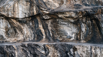 Fototapeta premium Dramatic rock formation exposed in a quarry wall with layered strata textures and visible excavation marks in a photoreal geological industrial landscape
