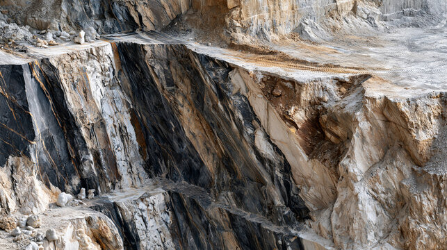 Dramatic exposed rock formation in quarry wall with layered textures and excavation marks in a photorealistic industrial landscape