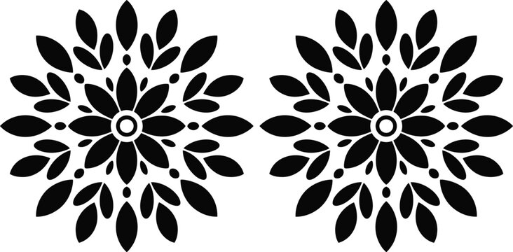 Black and white floral mandala design with dots and leaves