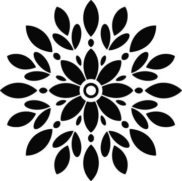 Black floral mandala design with petals and dots
