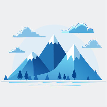Flat Design Mountain Landscape with Snow Caps and Clouds