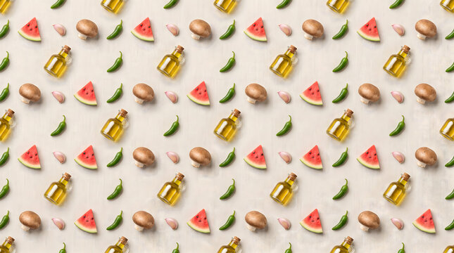 Overhead view of scattered dried spices and herbs on light background in minimalist flat lay composition