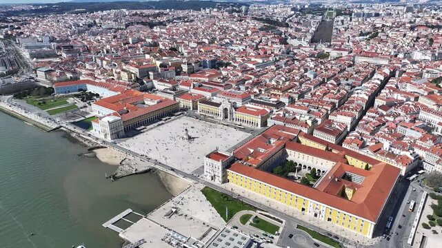 Comercio Square At Lisbon In Lisbon District Portugal. Famous Square Scenery. Ancient Cityscape. Comercio Square At Lisbon In Portugal. Historical City Landscape. Tourism Travel Destination.