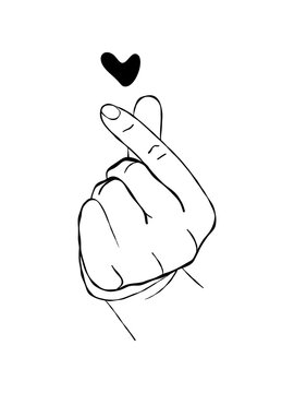 Korean finger heart hand gesture, minimal black line art illustration