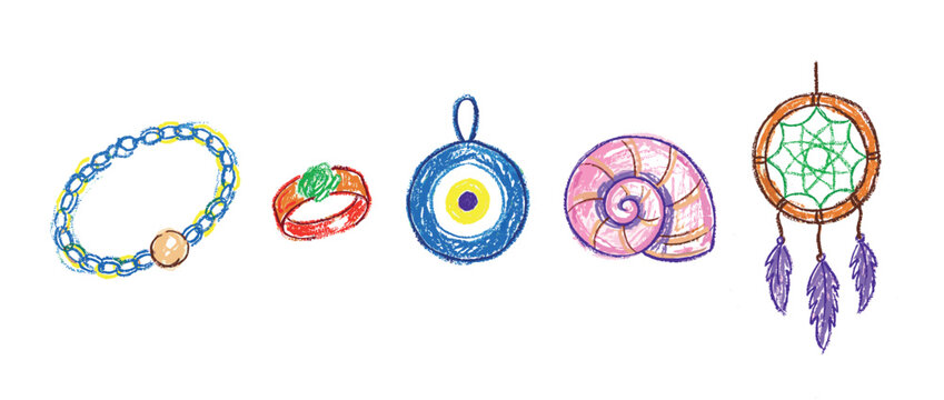 Charm and amulet icons set. Good luck and protection concept. Includes bracelet, ring, evil eye, seashell, dreamcatcher. Hand-drawn crayon style