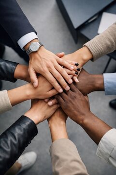 Diverse hands united together.