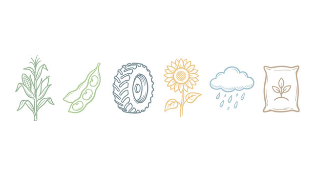 Vibrant hand-drawn agriculture icons showcase essential farming elements such as corn, soybeans, sunflower, tractor tire, rain, and fertilizer.