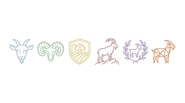 Collection of stylized goat and ram animal logos and farm emblems, perfect for agricultural branding, livestock businesses, and rural themed designs.