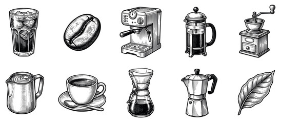Obraz premium Coffee icons set. Coffee preparation and serving concept. Includes iced coffee, bean, espresso machine, French press, grinder, milk jug, cup, pour-over, moka pot, leaf. Hand-drawn engraving