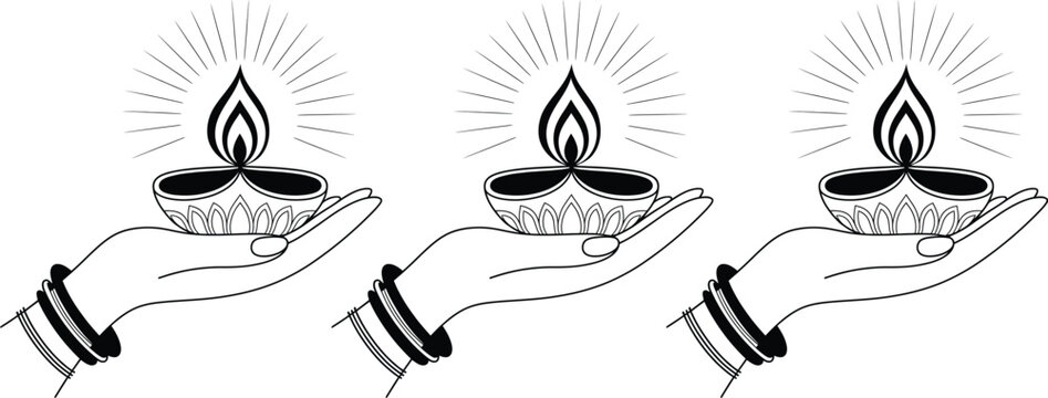 Three oil lamps with flames burning on wicks