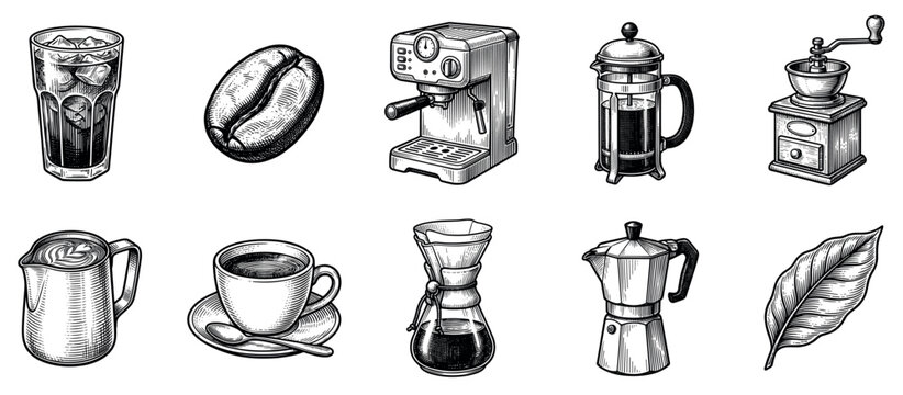 Coffee icons set. Coffee preparation and serving concept. Includes iced coffee, bean, espresso machine, French press, grinder, milk jug, cup, pour-over, moka pot, leaf. Hand-drawn engraving