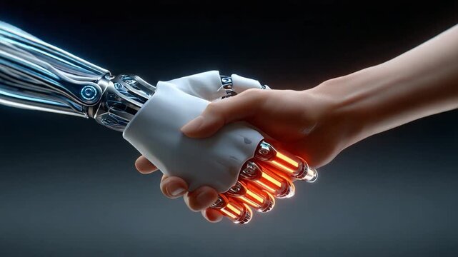 Human Handshake with Robot Arm: A close-up shot captures a human hand firmly shaking a sophisticated robotic arm.