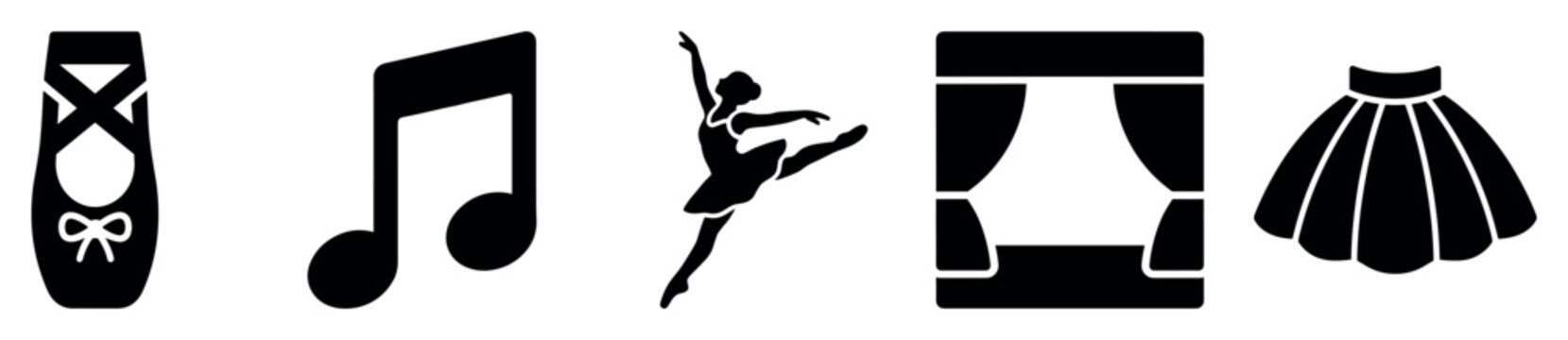 Ballet and dance icons set. Performing arts and classical dance concept. Includes pointe shoe, musical note, ballerina, stage curtain, tutu skirt. Solid black silhouette style