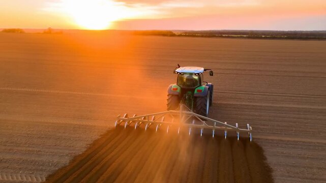 Aerial view of a tractor plowing a field at sunset. Essential farming activity for soil preparation and crop cultivation