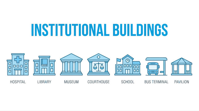 Set of institutional buildings icons, including hospital, library, museum, courthouse, school, bus terminal, pavilion