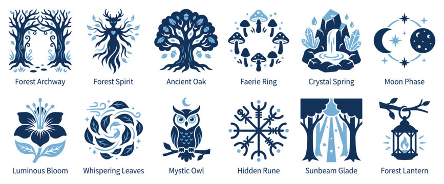 Fantasy nature icons set. Magical forest and mystical elements concept. Includes forest archway, spirit, oak, mushroom ring, spring, moon, bloom, leaves, owl, rune, glade, lantern. Flat and