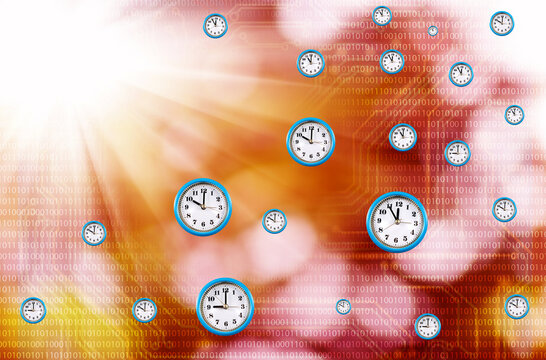 Clocks show various times above a colorful background with binary code. The setting suggests a blend of technology and time, capturing the moment in a unique way.