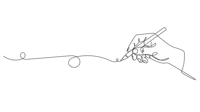 animated continuous line drawing of a hand holding a pencil and drawing a line, minimalist creative concept line art animation