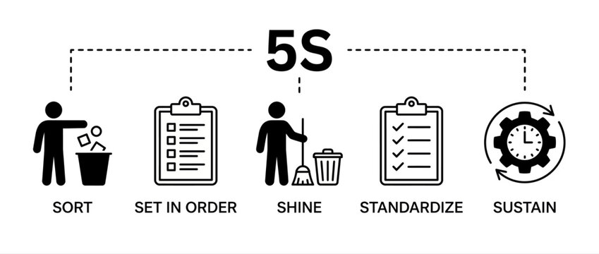 5s methodology icons set for workplace organization and lean manufacturing