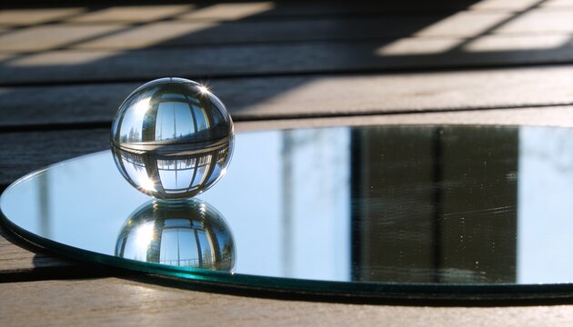 Reflecting crystal sphere showing inverted window grid on wooden deck with mirror disc, copy space