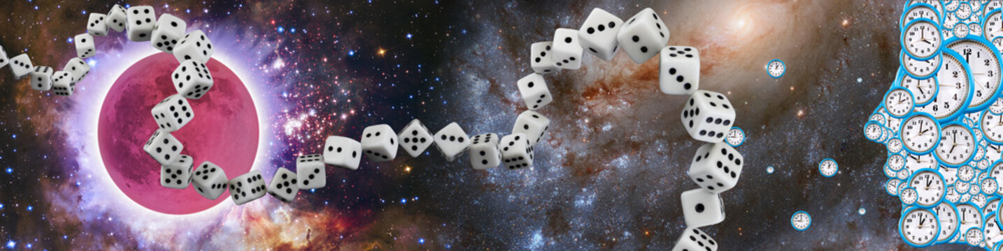 Floating dice twist through space next to a pink planet while clocks hover nearby. This scene shows a mix of time and chance in a colorful cosmic setting.