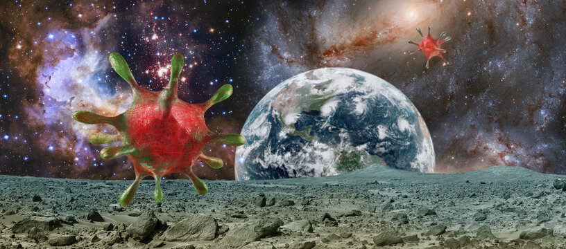 A large alien virus floats in space while the Earth appears in the background. Stars and galaxies surround the scene, adding to the cosmic landscape. The ground is gray and rocky.
