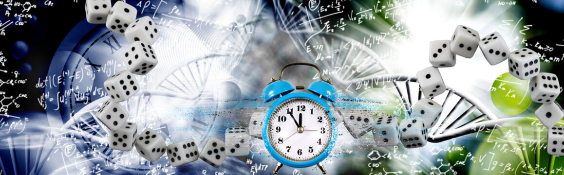 A playful mix of images shows a blue clock, white dice, and DNA strands. This blend highlights the themes of time and chance in science. Ideas are visualized through these elements.