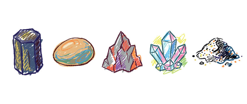 Gemstone icons set. Natural minerals and crystal formations concept. Includes hexagonal crystal, polished stone, rock formation, crystal cluster, pile of gems. Hand-drawn doodle style