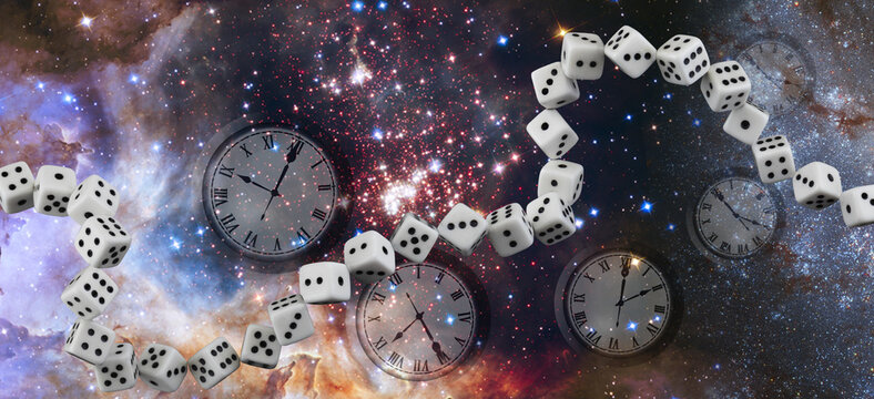 Dice float in a cosmic space filled with stars and galaxies. Clocks show different times as they intertwine with the dice. This scene depicts a unique blend of time and chance.