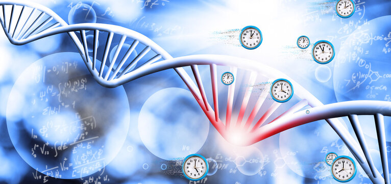 This shows a DNA double helix with clocks around it. The background has numbers and symbols related to science. Bright light fills the scene, suggesting a daytime setting.