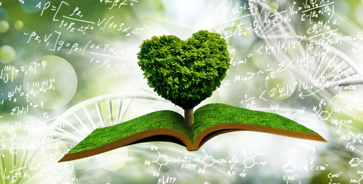 A tree in the shape of a heart emerges from the pages of an open book. The background shows scientific symbols and formulas along with a soft green setting.