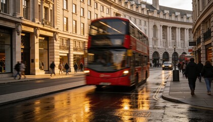 Fototapeta premium Moving red double-decker bus passing wet city street at golden-hour, with shoppers wearing coats