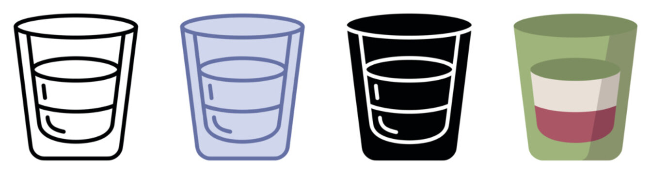 Shot glass icons set. Alcoholic beverages and barware concept. Includes shot glass outline, filled shot glass, solid black shot glass, layered drink shot glass. Flat and line style