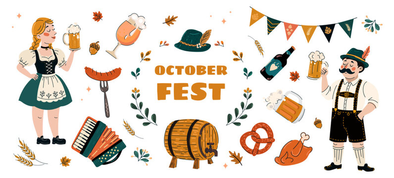 Oktoberfest elements set featuring Bavarian man and woman beer mugs barrel pretzel sausage accordion roasted chicken bunting and autumn decorations for seasonal events and promo. Vector illustration