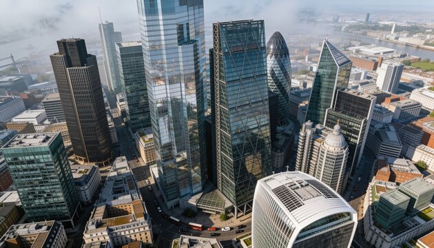 Glinting central tower cluster reflecting sun over city core, with egg tower and solar panels